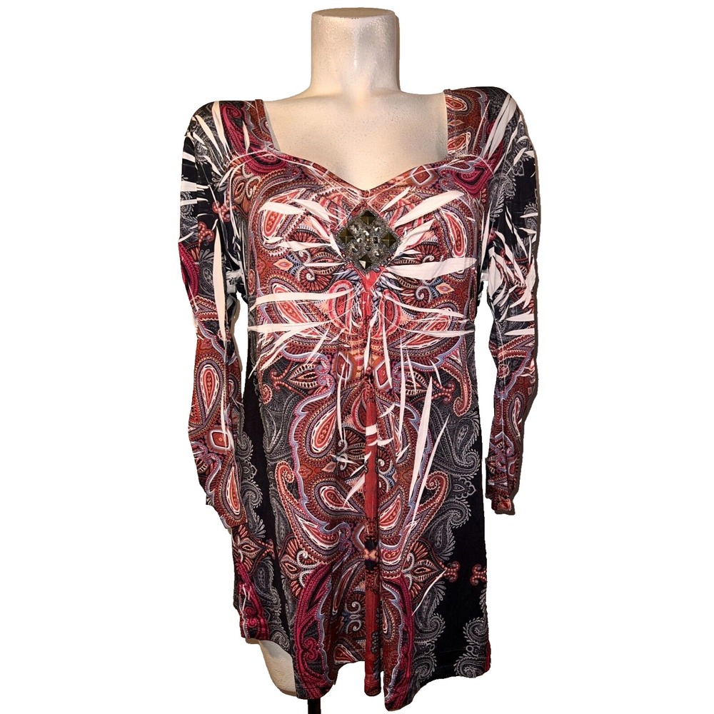 Style & Co Womens XL‎ Paisley Sublimation V-Neck Embellished 3/4 Sleeve Top Red